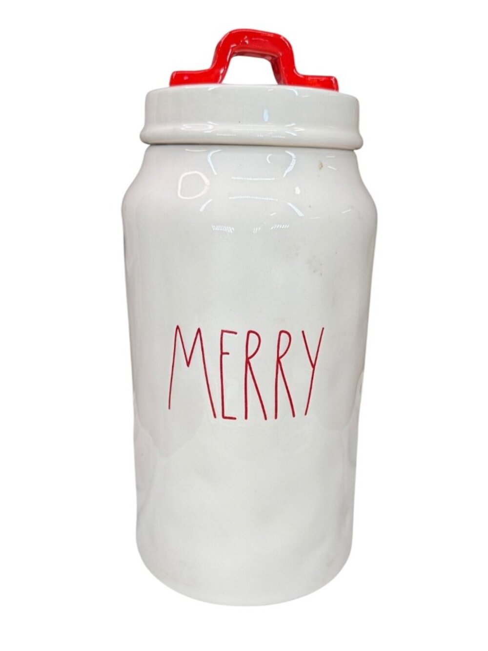 Rae Dunn MERRY Christmas Canister Red Handle Lid White Ceramic Farmhouse
